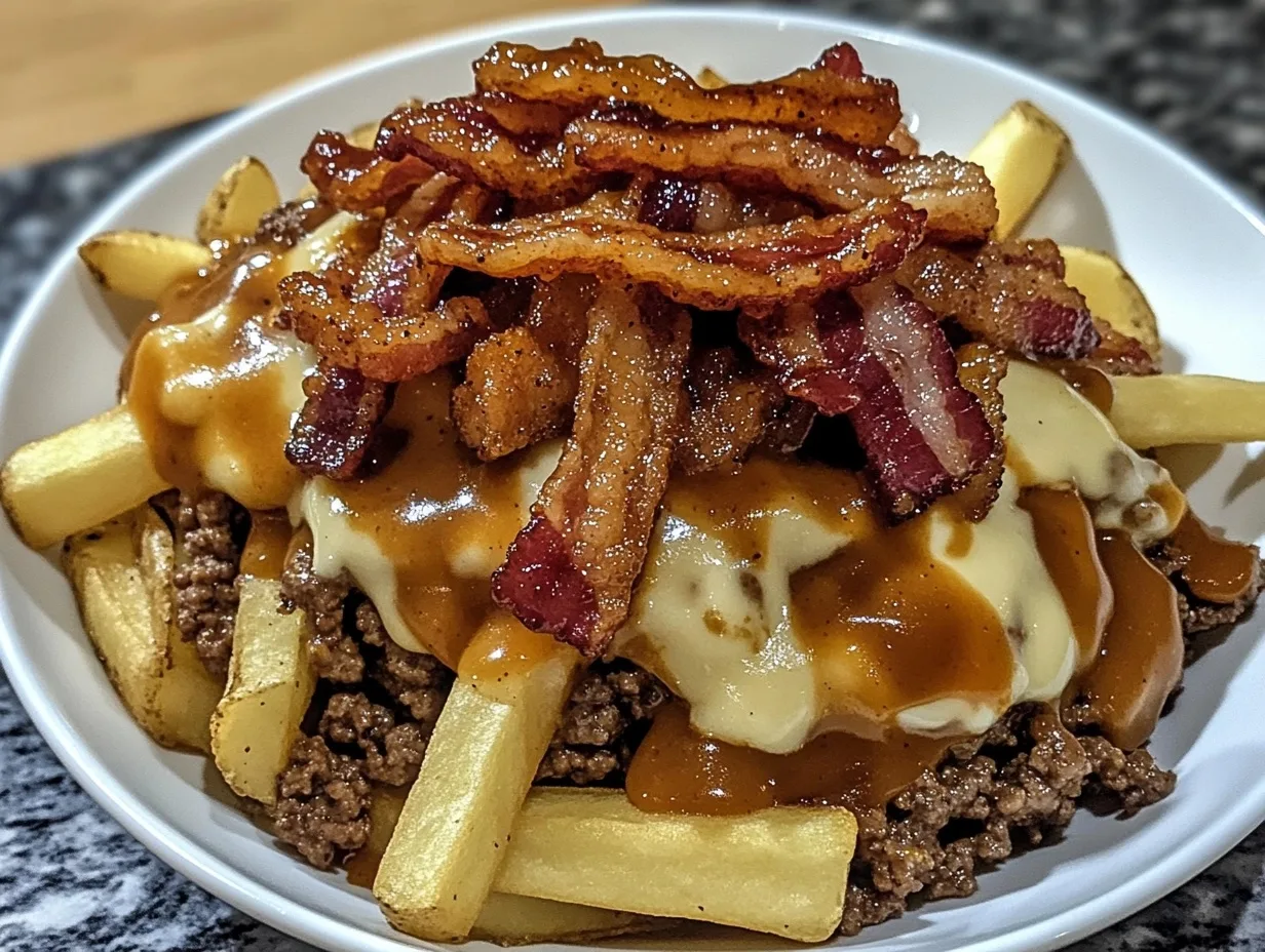 Close-up of Maple Glazed Bacon Cheeseburger Poutine with crispy fries, melted cheese, rich beef gravy, ground beef, and crispy bacon.