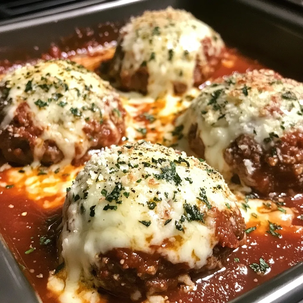 Four Melty Mozzarella Stuffed Meatballs baking in marinara sauce topped with melted cheese and parsley