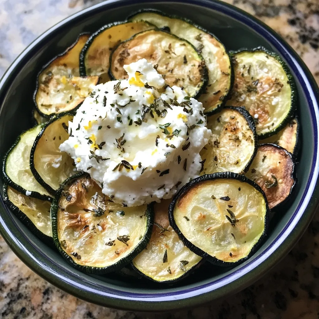 Baked zucchini rounds with creamy whipped feta and fresh herbs in a blue bowl