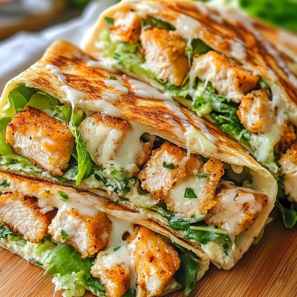 Sliced Cheesy Chicken Caesar Wraps with crispy golden tortillas, seasoned chicken pieces, melted cheese, and fresh romaine lettuce on a wooden cutting board