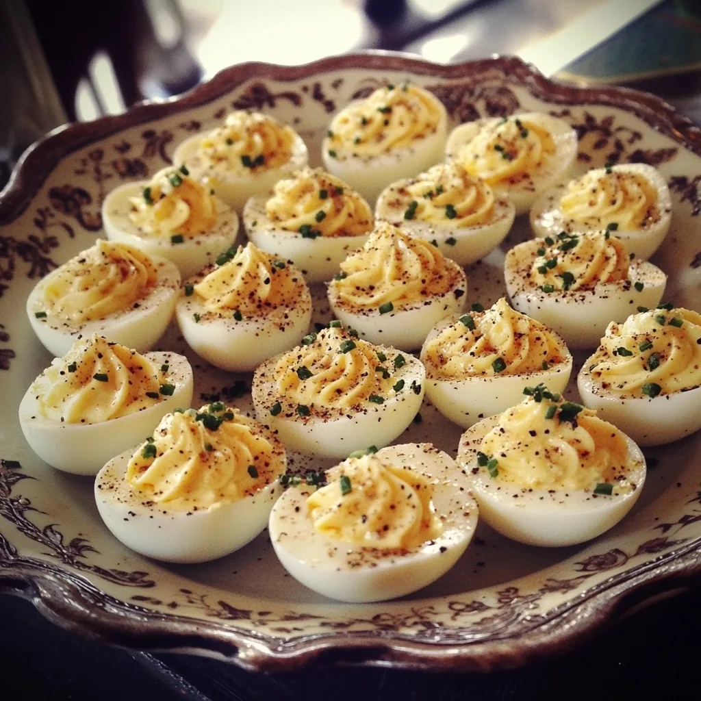 Freshly made deviled eggs topped with snipped chives and paprika, displayed on a vintage patterned serving plate