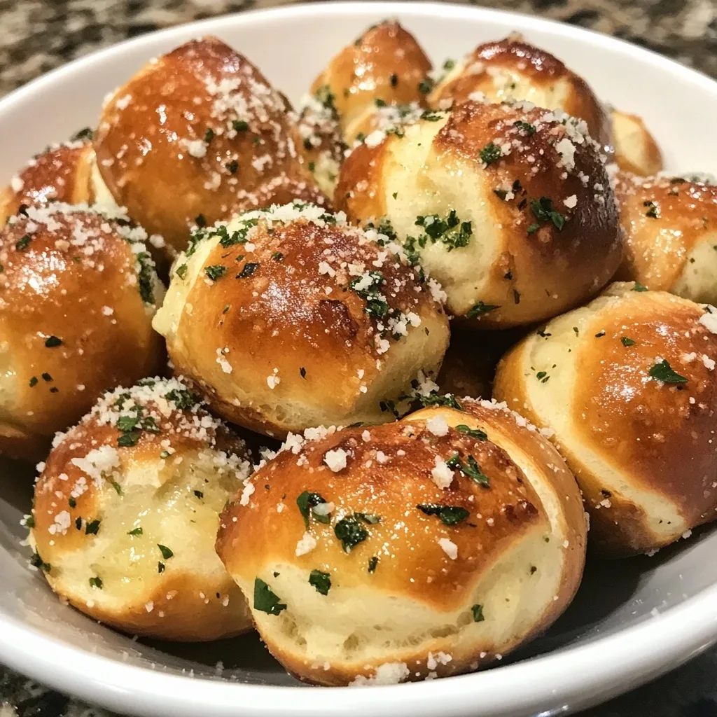 Close-up of golden pretzel bites garnished with Parmesan cheese and chopped parsley in a white serving bowl.