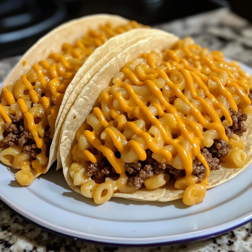 Two homemade Mac & Cheese Burger Tacos on a white plate showing layers of seasoned ground beef topped with creamy macaroni and cheese with additional cheese sauce drizzled on top.