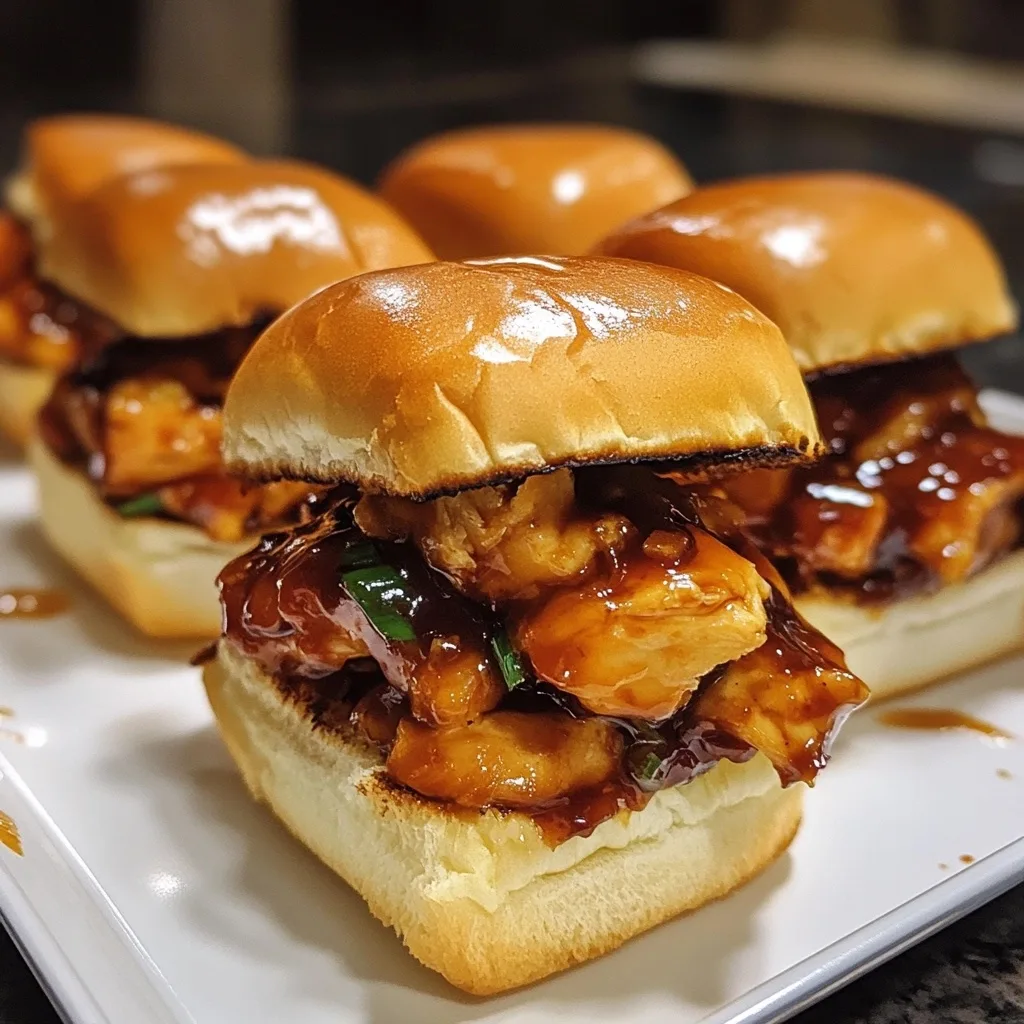 Closeup of glazed Tangy Korean BBQ Chicken Sliders with sticky sauce on toasted buns