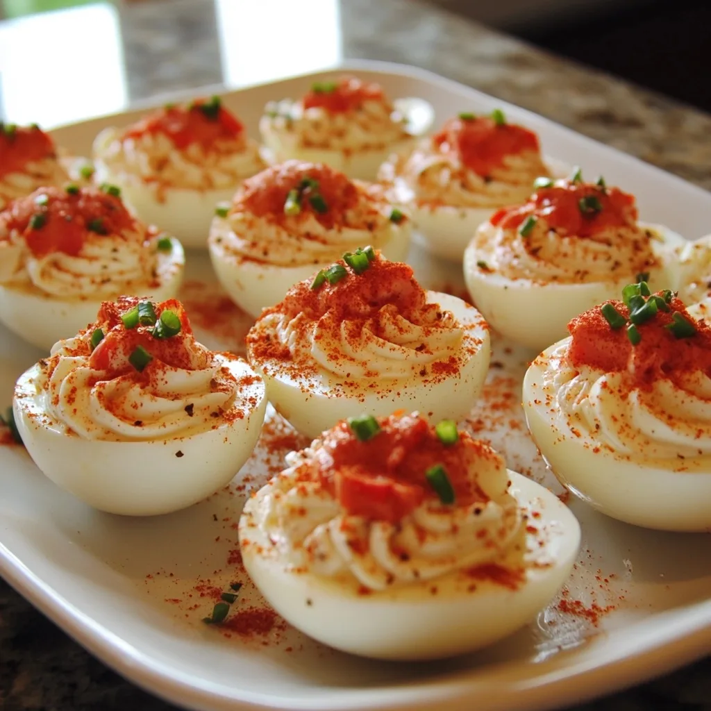 Freshly made deviled eggs topped with paprika, bacon bits and green onions served on a white rectangular plate.