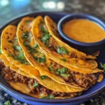 Crispy birria tacos filled with seasoned beef and garnished with fresh cilantro, served with a bowl of consommé dipping sauce on a blue plate.