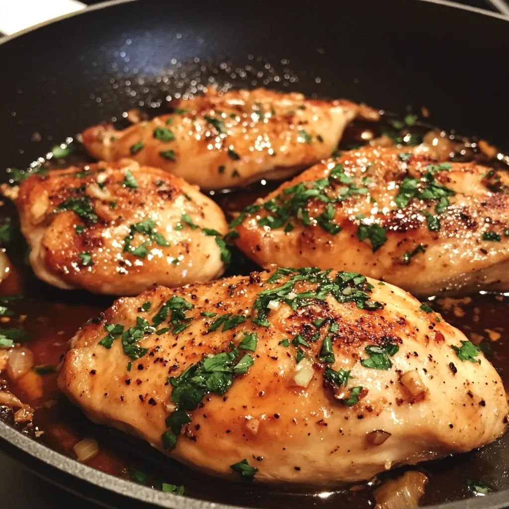 Crispy golden-brown chicken thighs in a skillet with garlic butter sauce and fresh herbs