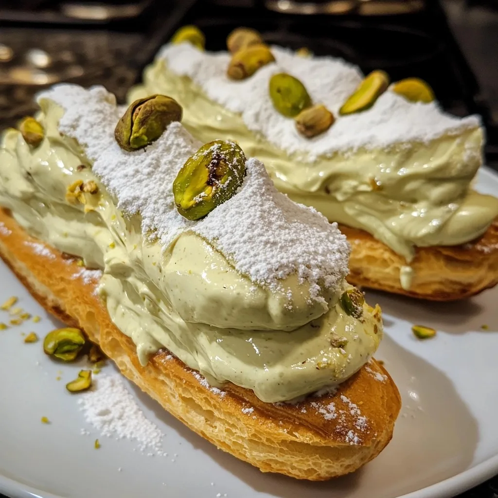 Freshly-made whipped pistachio cream éclairs on a white plate with pale green filling, powdered sugar dusting, and chopped pistachios on top