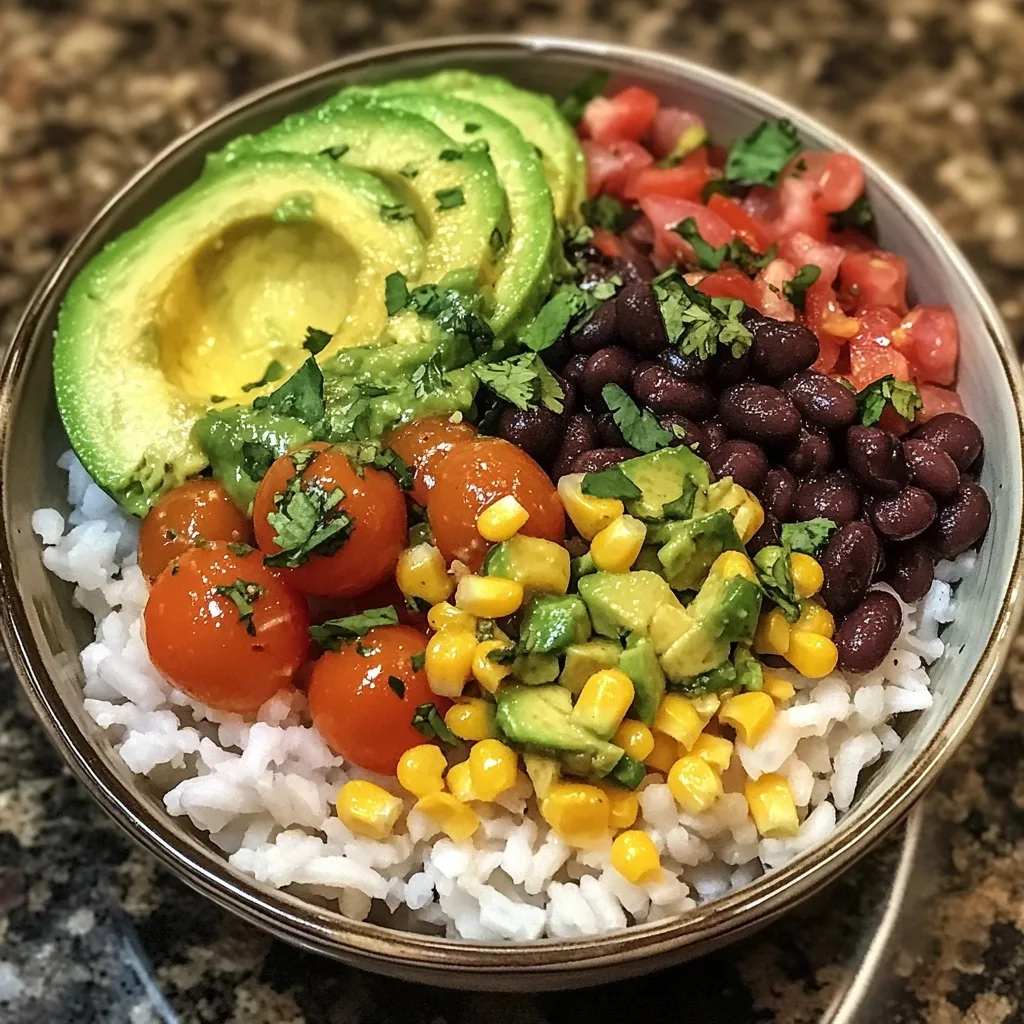 Overhead view of a burrito bowl with sliced avocado, black beans, corn, cherry tomatoes, white rice, and fresh cilantro garnish in a round metal bowl.