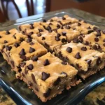 Freshly baked gooey chocolate chip cookie dough bars cut into squares on a glass plate, showing golden brown color and chocolate chips on top