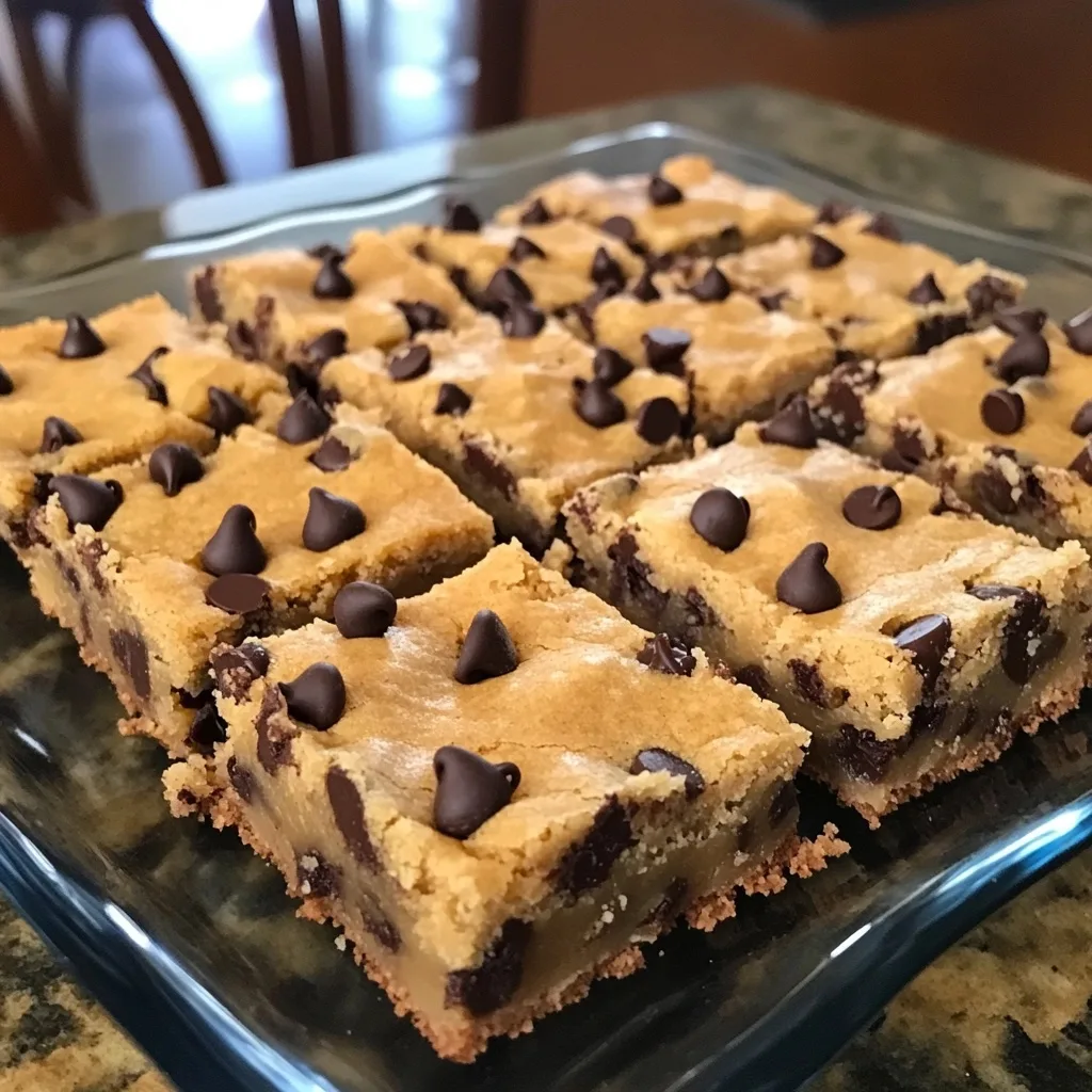 Freshly baked gooey chocolate chip cookie dough bars cut into squares on a glass plate, showing golden brown color and chocolate chips on top