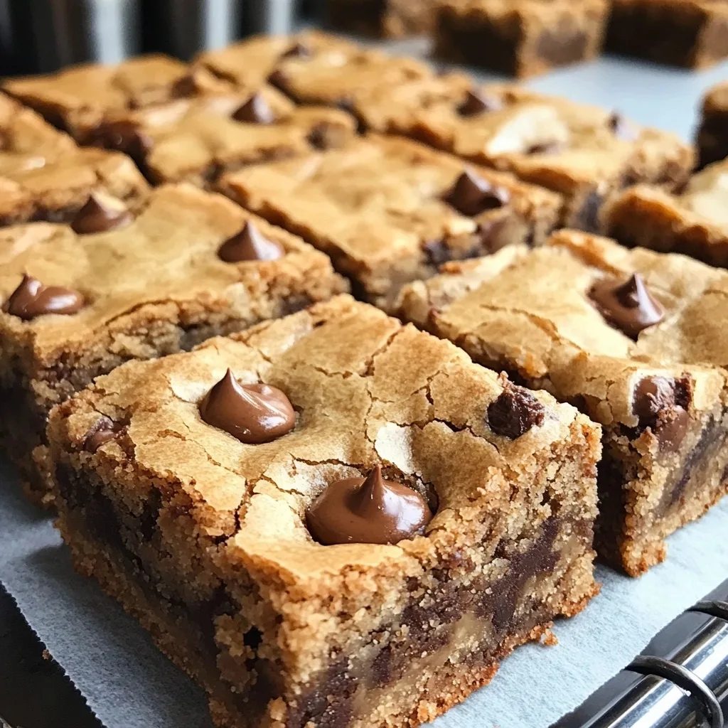 Freshly baked gooey brown butter cookie dough blondies cut into squares with melted chocolate chips on a cooling rack