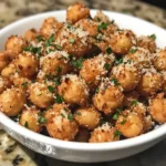 Golden crispy air fryer garlic-parmesan chickpea crunch bites garnished with fresh parsley and grated parmesan in a white bowl