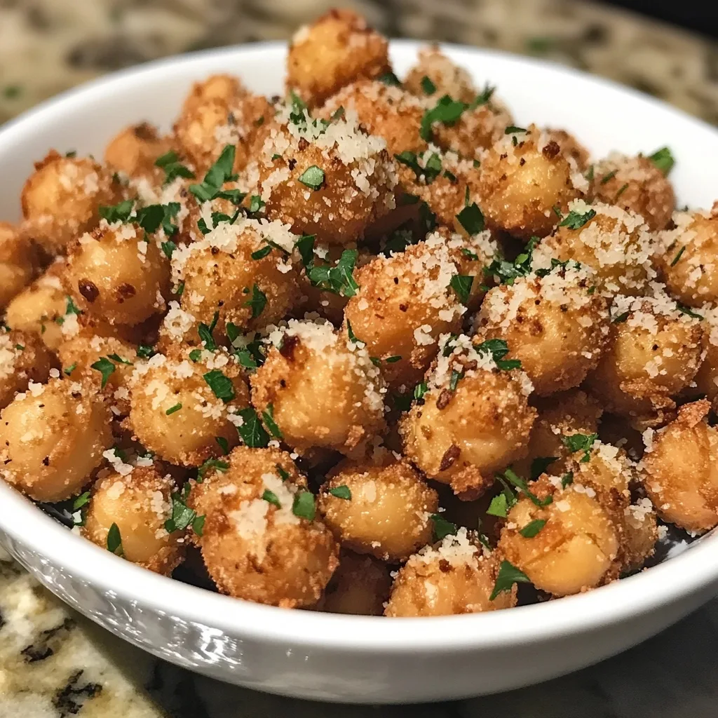 Golden crispy air fryer garlic-parmesan chickpea crunch bites garnished with fresh parsley and grated parmesan in a white bowl