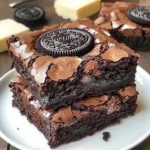 Stack of homemade Oreo Fudge Brownies with shiny top and Oreo cookie garnish