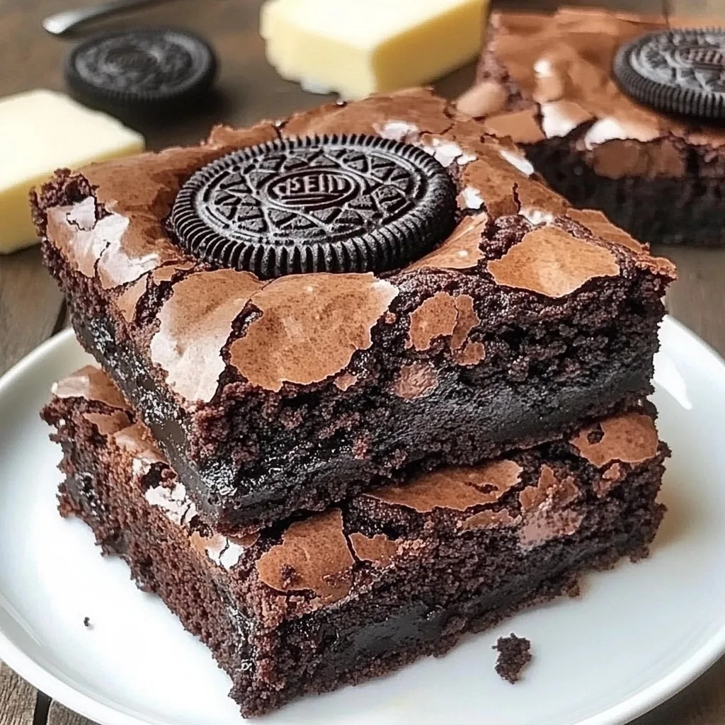 Stack of homemade Oreo Fudge Brownies with shiny top and Oreo cookie garnish