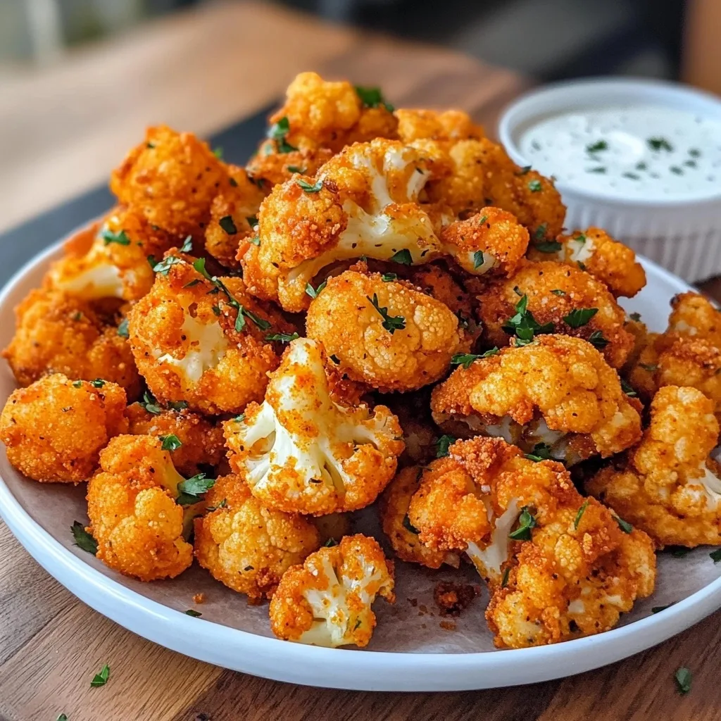 Pile of crispy buffalo cauliflower bites served on a round white plate with ranch dip on the side, garnished with fresh parsley.