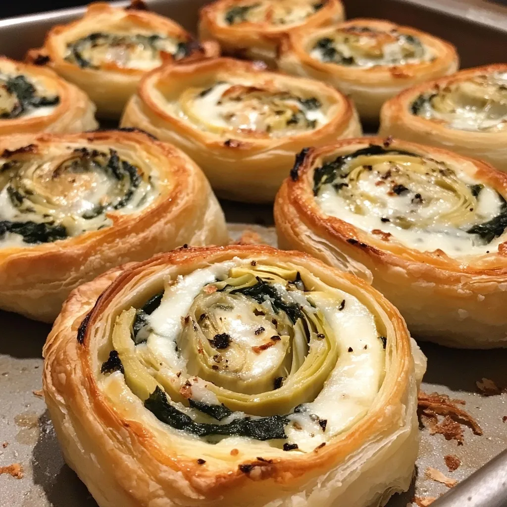 Close-up of flaky whipped feta spinach artichoke pinwheels showing detailed spiral layers and melted cheese filling.