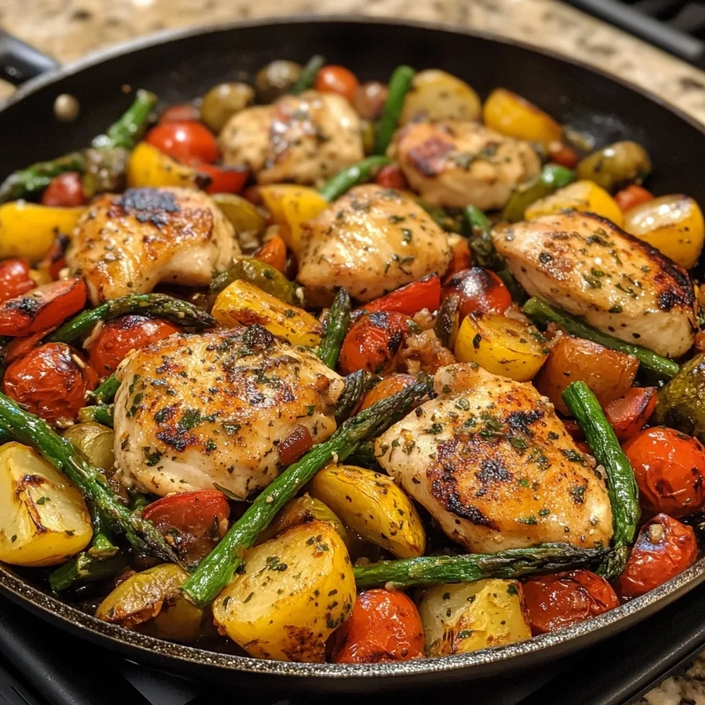 Skillet filled with golden-brown chicken pieces, bright asparagus spears, roasted cherry tomatoes, and yellow potatoes in a savory herb sauce.