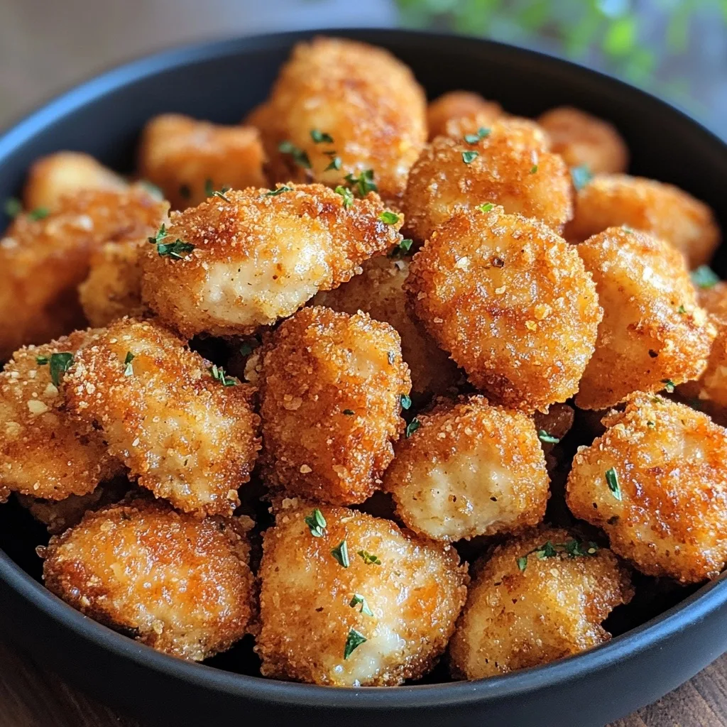 Closeup of crispy panko-breaded chicken bites with visible herbs and seasoning