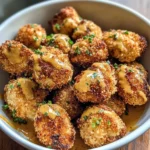 Overhead view of crispy air fryer chicken bites in a gray bowl with honey mustard drizzle and fresh herbs
