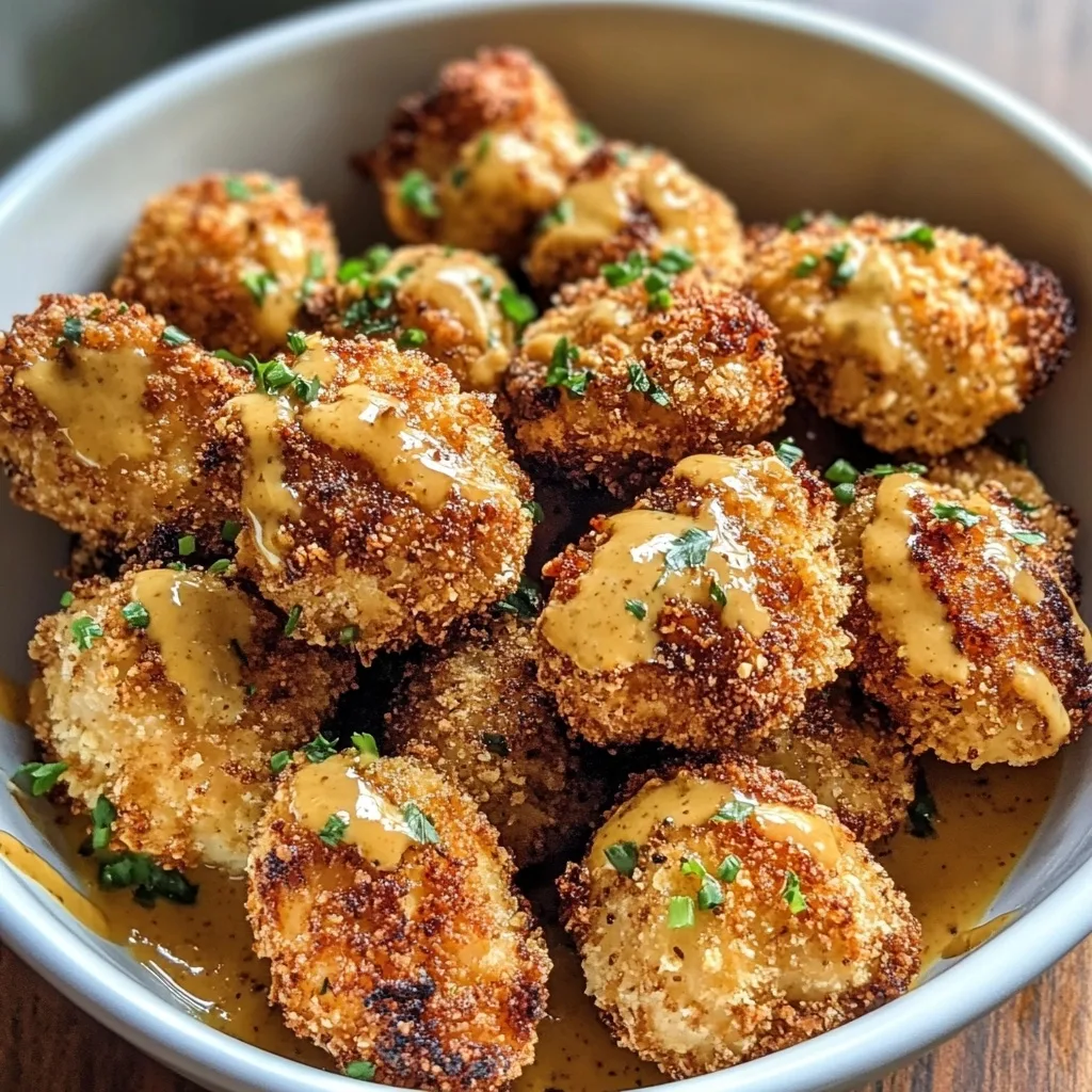 Overhead view of crispy air fryer chicken bites in a gray bowl with honey mustard drizzle and fresh herbs