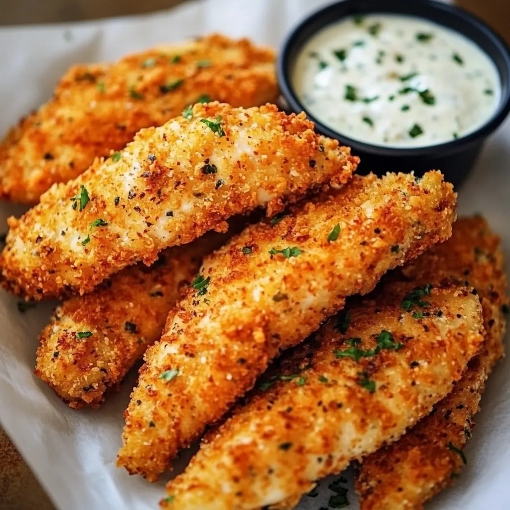 Crispy golden Parmesan Ranch Chicken Tenders garnished with fresh herbs served with ranch dip
