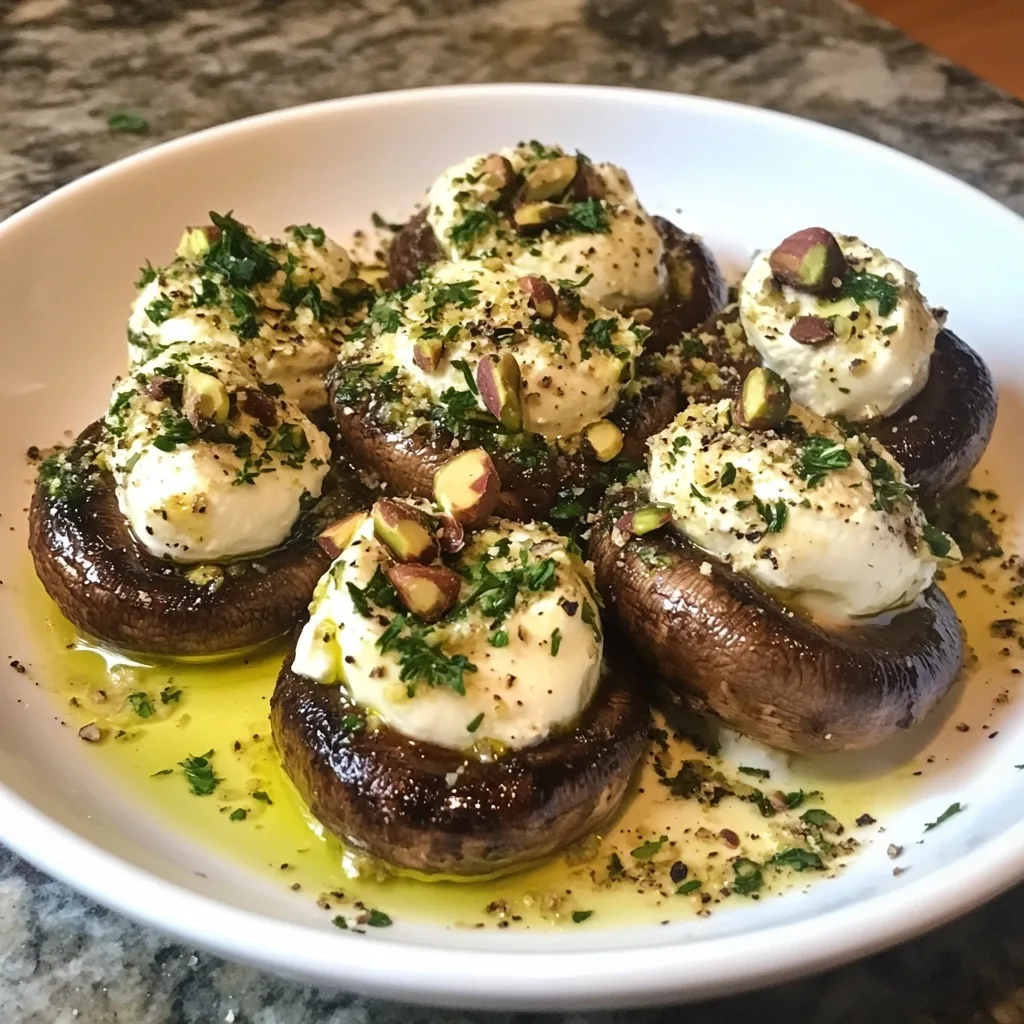 Melty Pistachio Cream & Goat Cheese Mushrooms garnished with fresh herbs and chopped pistachios in a white serving dish.
