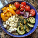 Overhead view of veggie-packed quinoa bowl in a blue-rimmed bowl