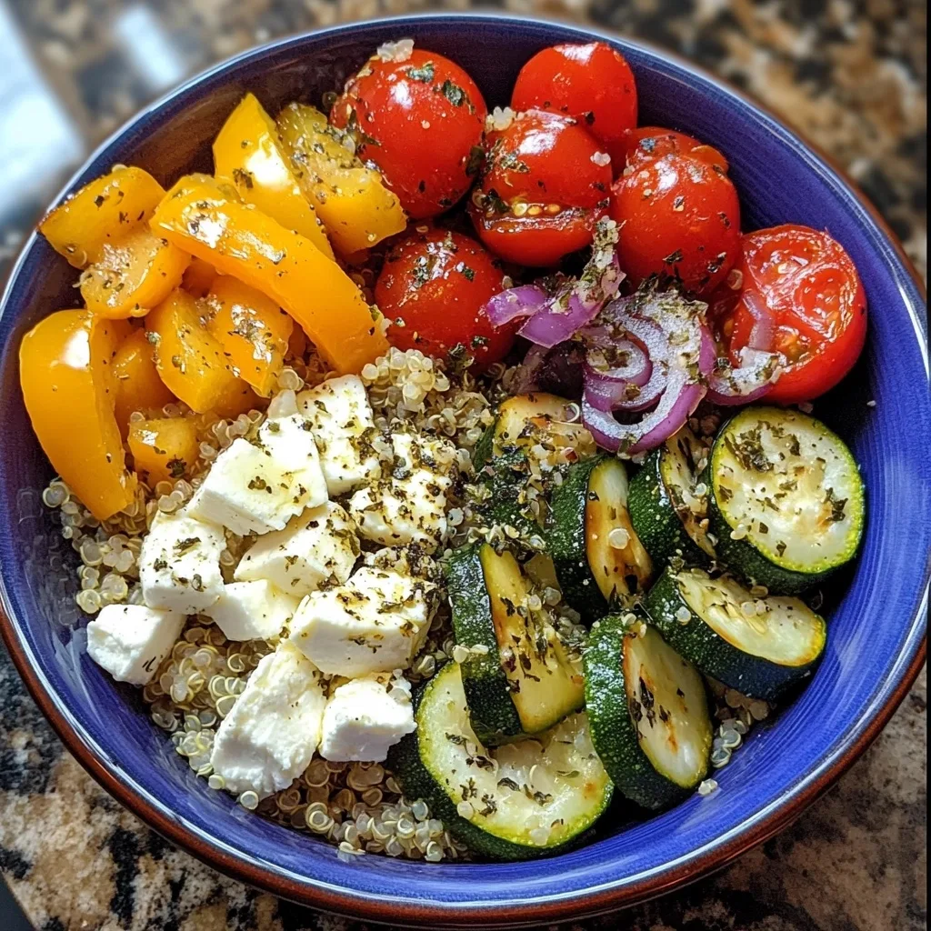 Overhead view of veggie-packed quinoa bowl in a blue-rimmed bowl