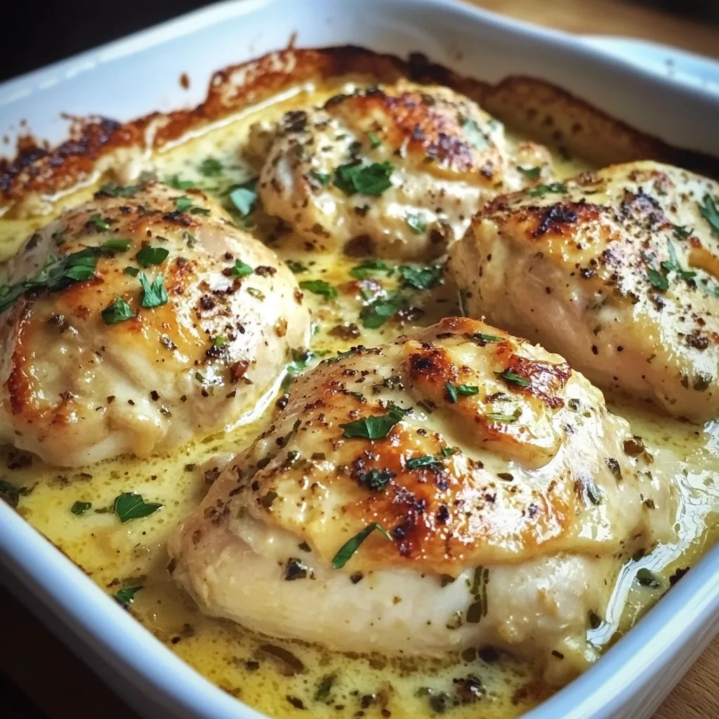 Tender baked chicken breasts with fresh herbs in creamy garlic butter sauce
