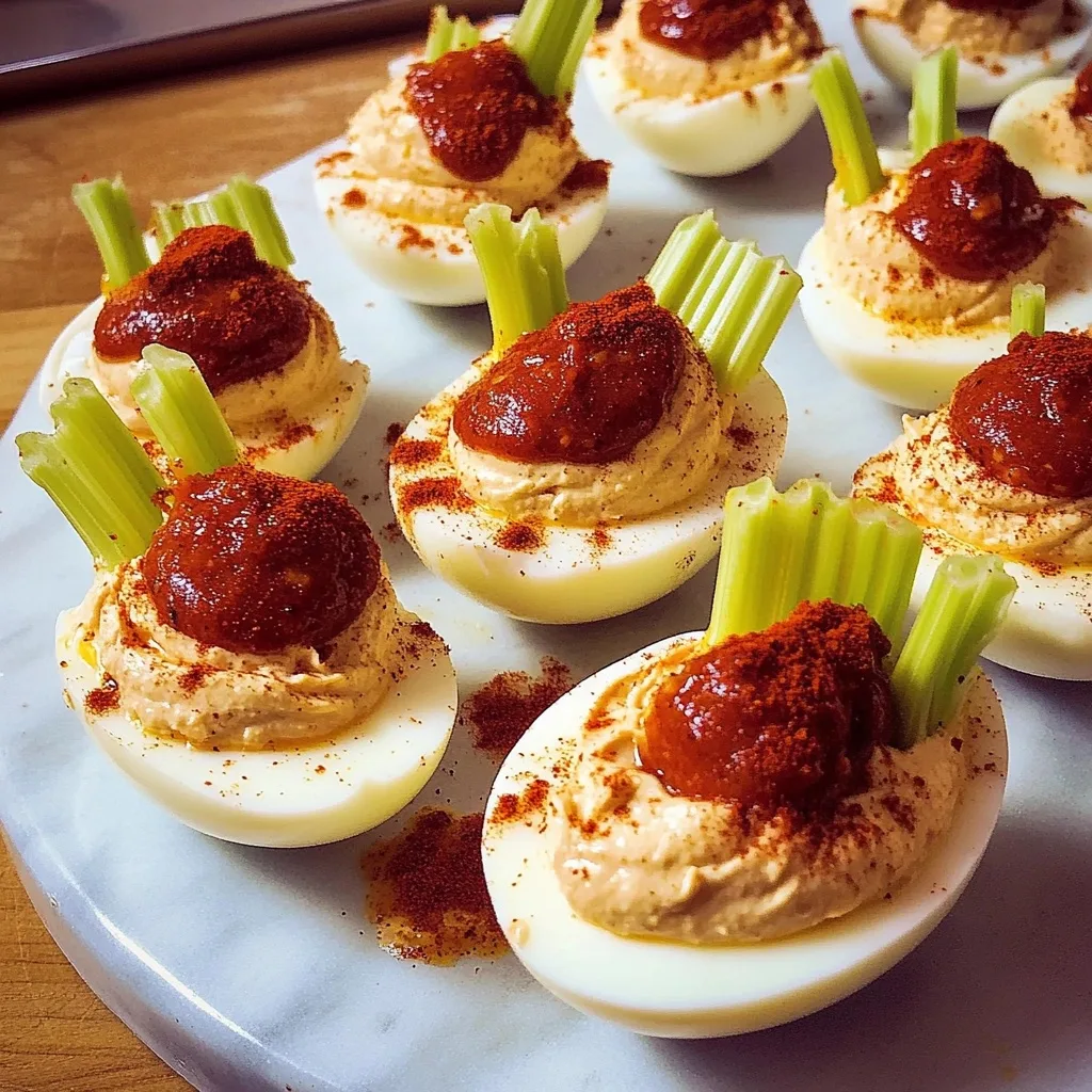 Bloody Mary deviled eggs garnished with celery sticks and hot sauce on a white serving platter