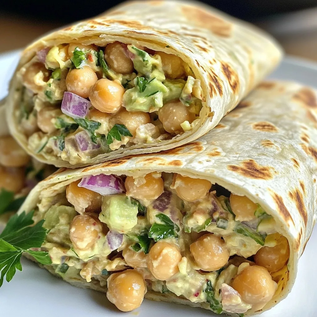 Two halves of a Golden Crunch Chickpea Salad Wrap stacked on a white plate, showing creamy filling with whole chickpeas, herbs and red onion.