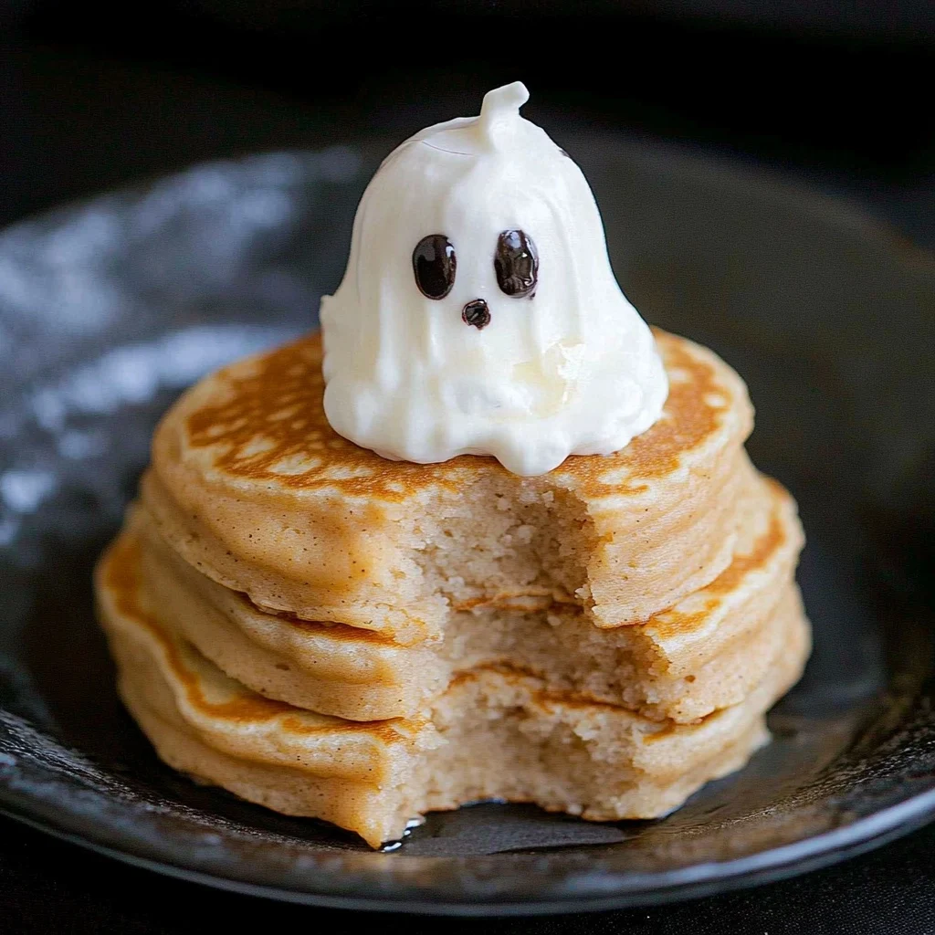 Stack of sweet potato pancakes with a white whipped cream ghost decoration featuring chocolate chip eyes and mouth, with a bite taken out showing fluffy interior texture