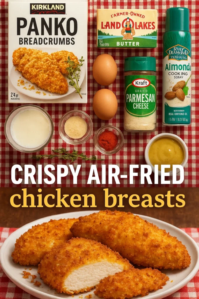 Ingredient flatlay for crispy air-fried chicken breasts featuring panko breadcrumbs, eggs, Parmesan cheese, milk, seasonings, cooking spray, and mustard on a red checkered tablecloth.