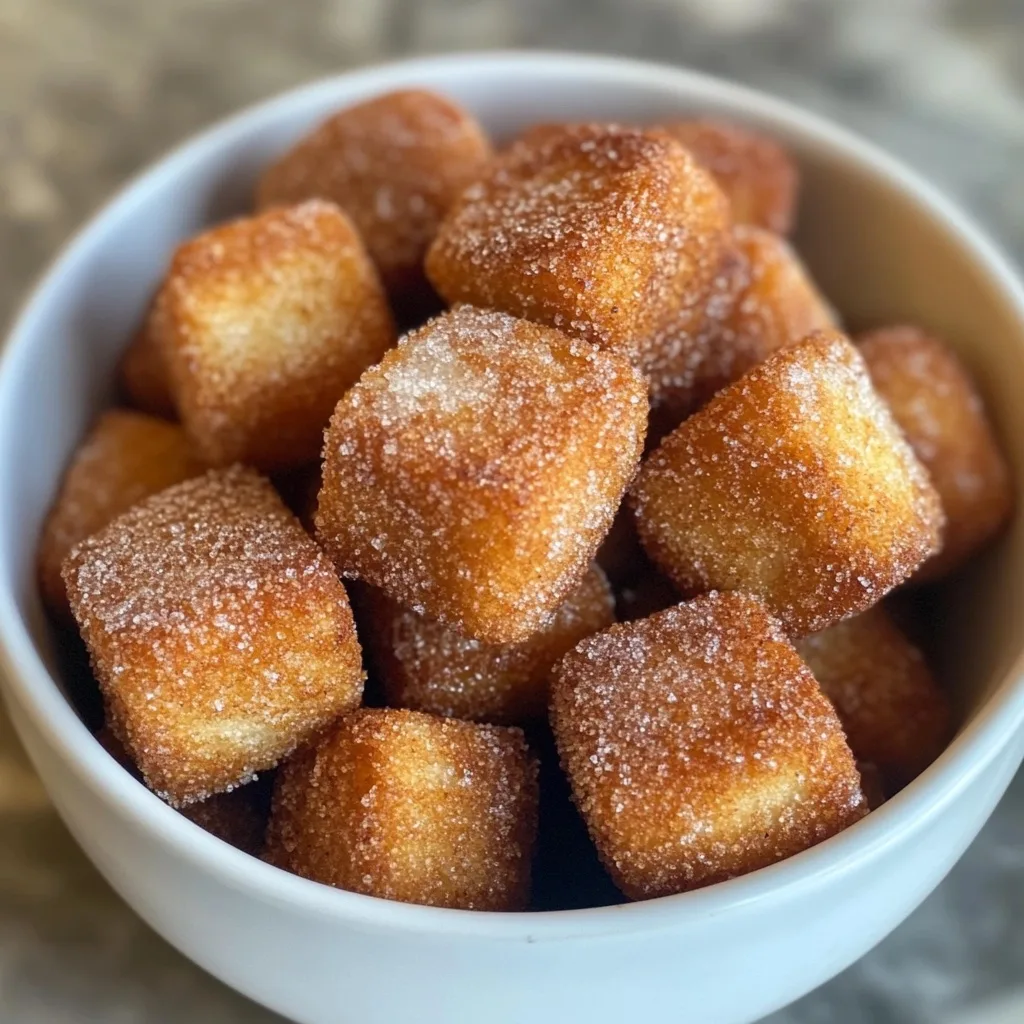 Close-up view of cinnamon-sugar coated churro bites.