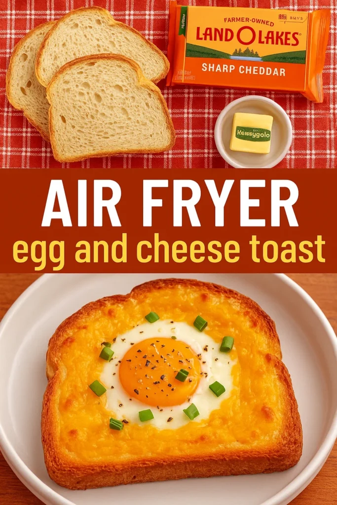 Ingredients for Air Fryer Egg and Cheese Toast including sliced white bread, Land O'Lakes Sharp Cheddar cheese, and butter, arranged on a red checkered cloth with the finished product below.