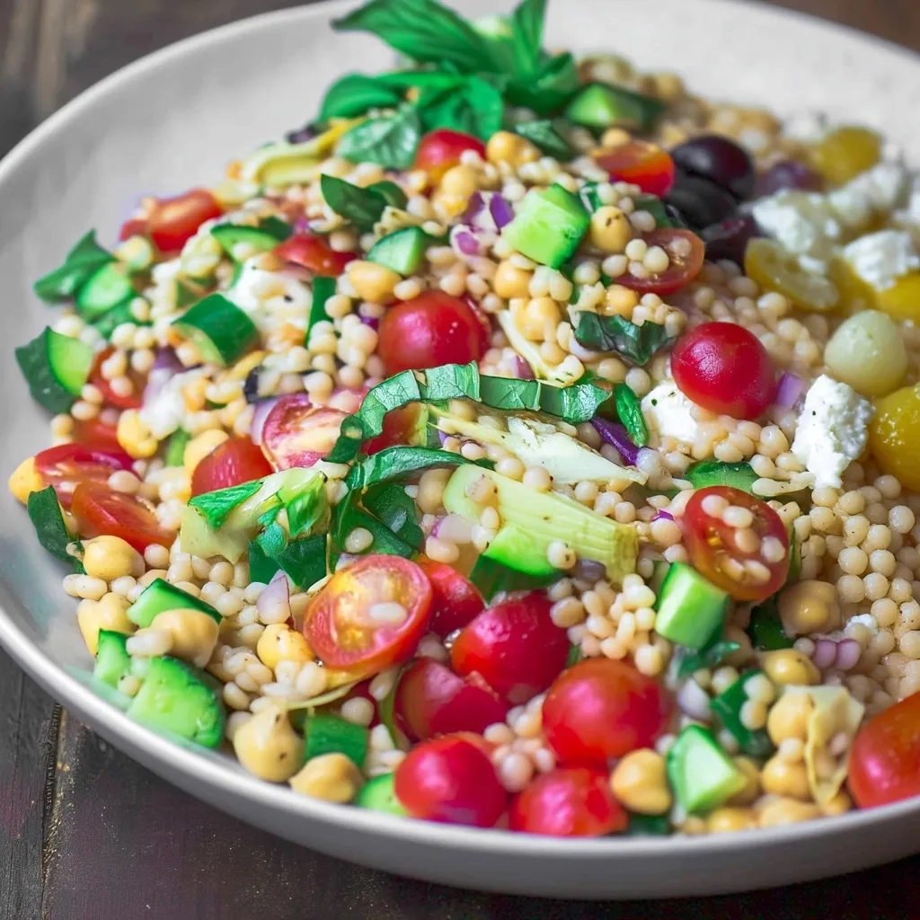 Angled close-up of a Mediterranean couscous bowl with chickpeas, tomatoes, cucumber, olives, feta, and herbs, showing depth and layering in a shallow white bowl.