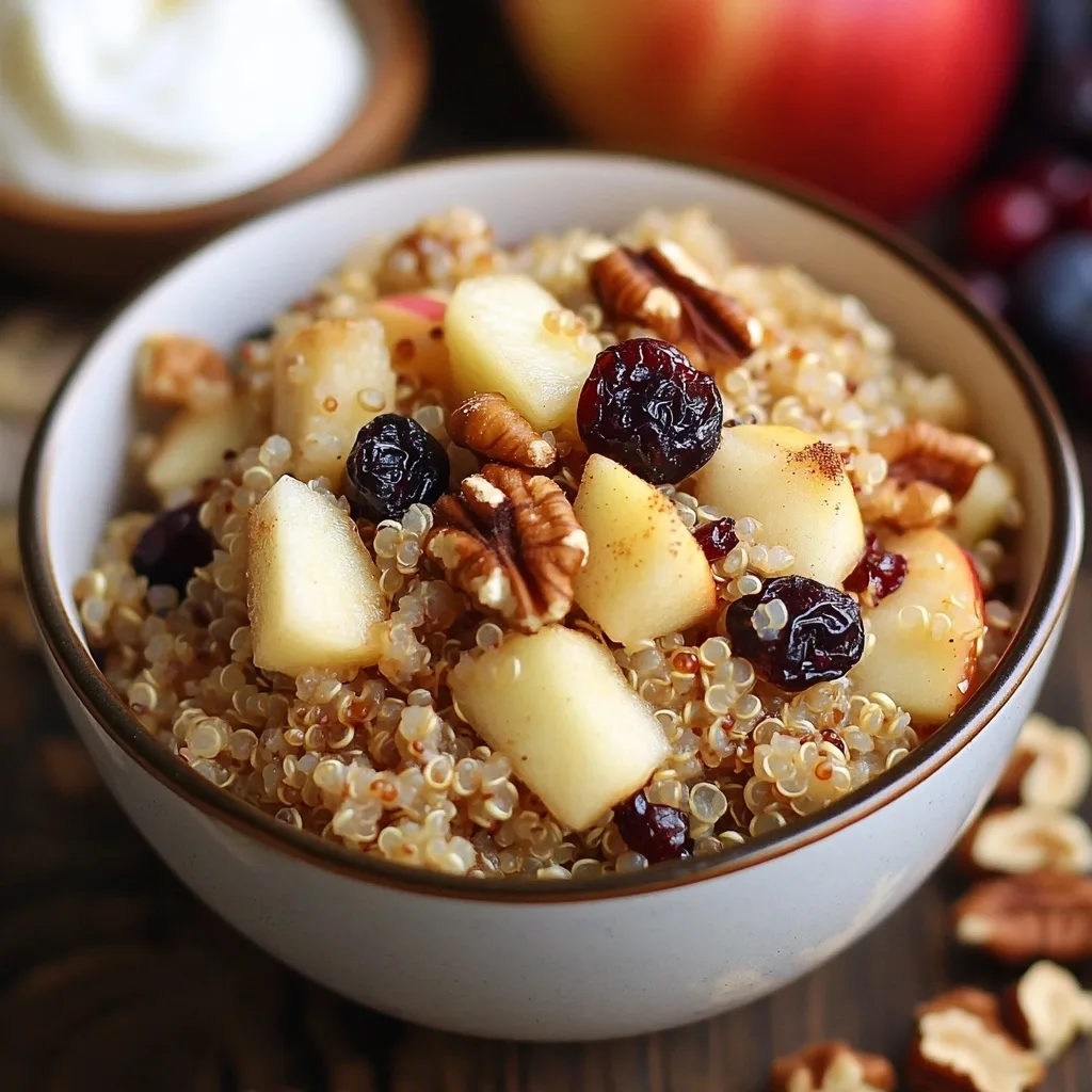 A white bowl filled with cooked quinoa mixed with diced apples, dried cranberries, and toasted walnuts.