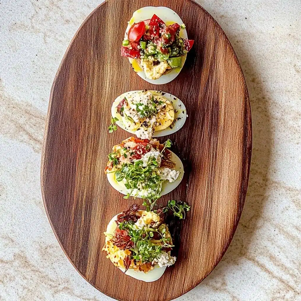 Three-egg flight recipe presentation on oval wooden board with fresh microgreens and gourmet toppings