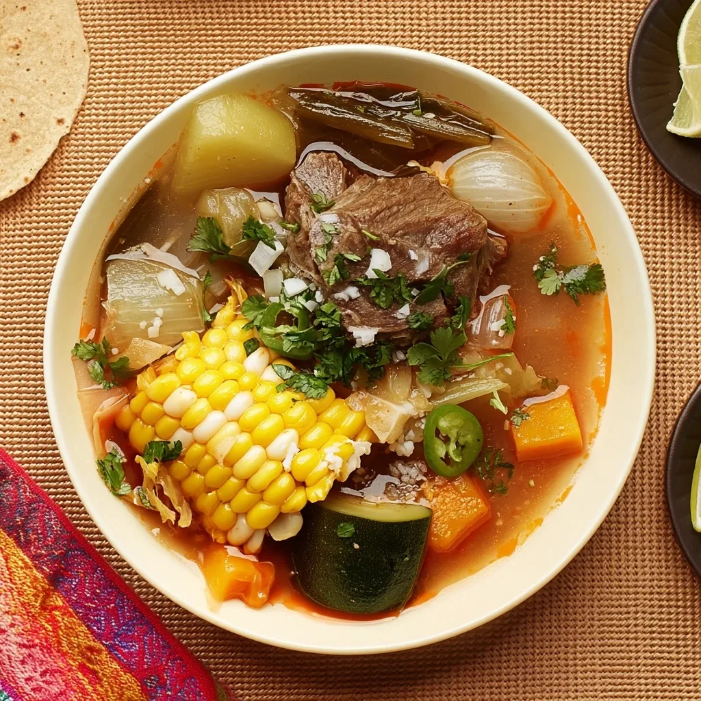 Bowl of Caldo de Res Mexican beef soup with corn, zucchini, carrots, potatoes, beef shank and fresh cilantro in clear broth
