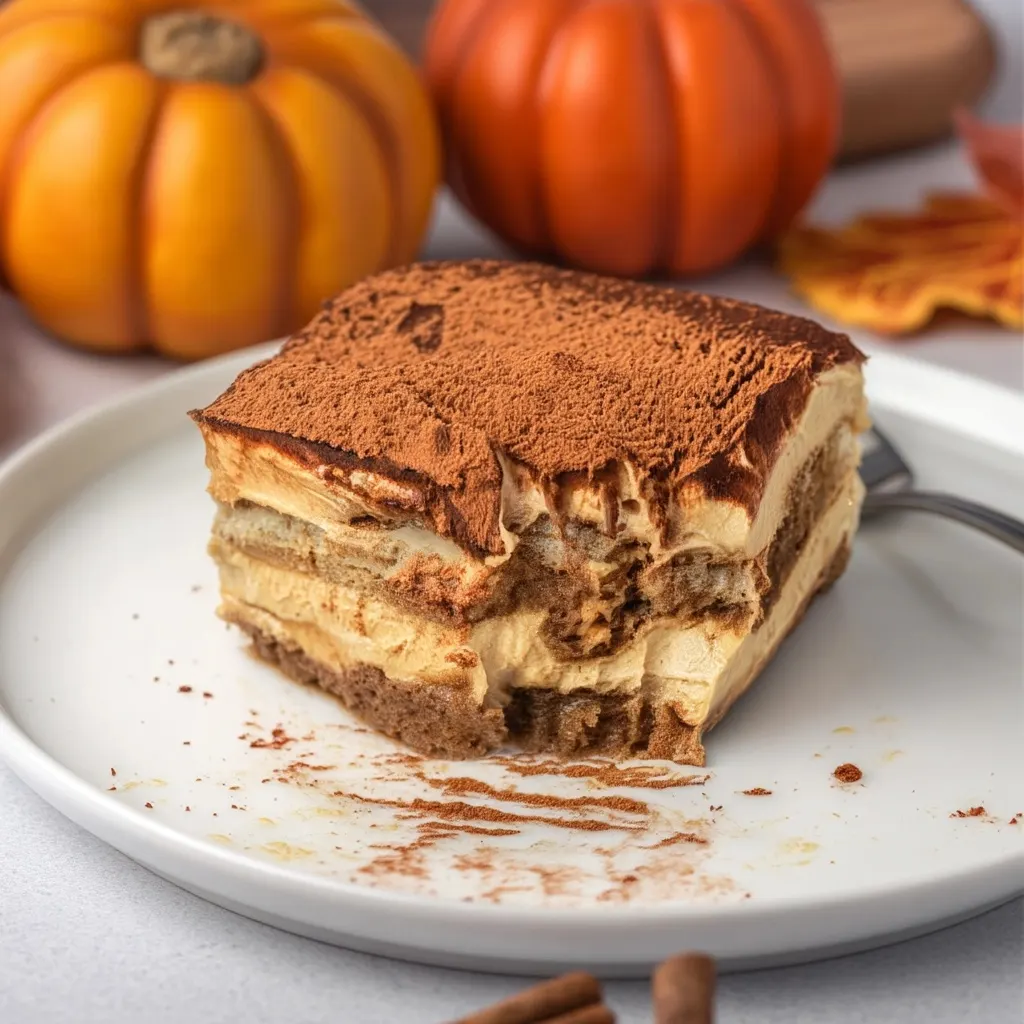 Pumpkin spice tiramisu square on plate with bite taken showing internal layers surrounded by decorative fall pumpkins and cinnamon sticks