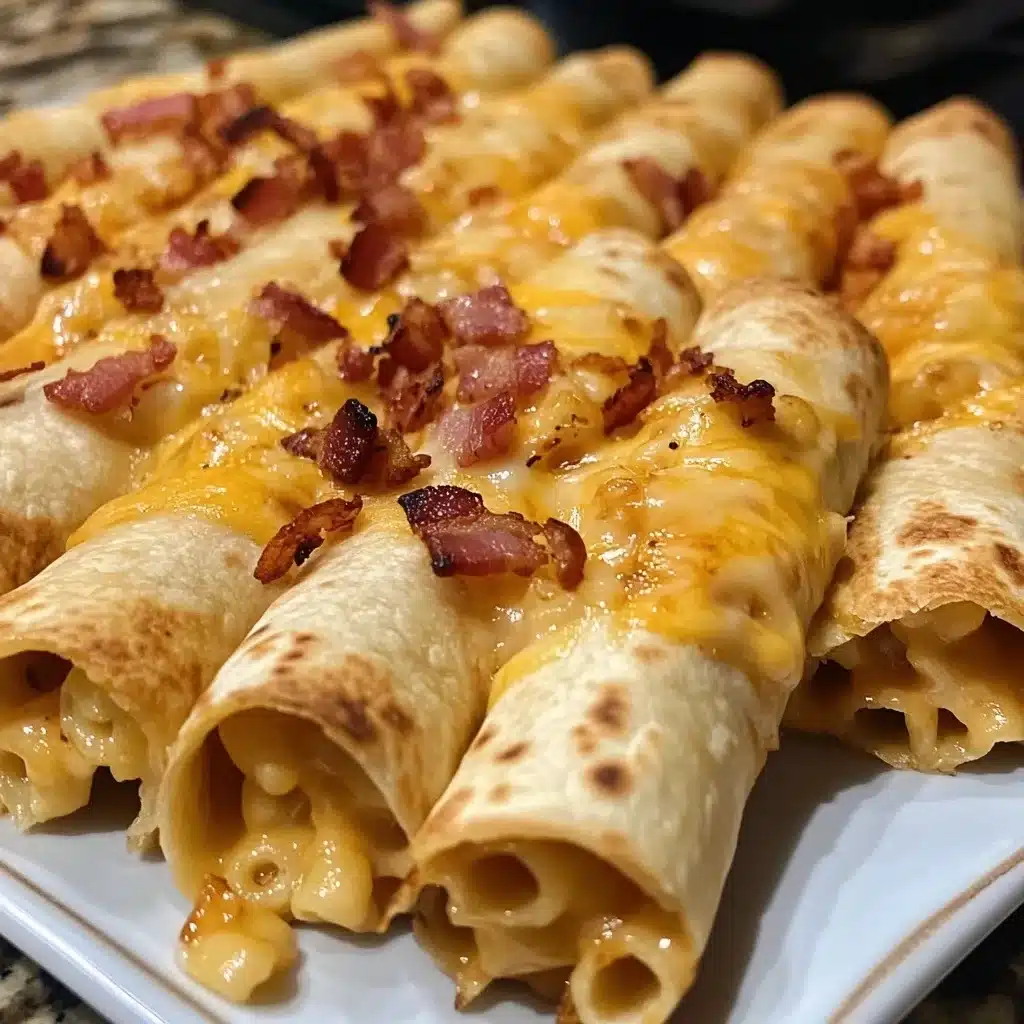 Multiple Bacon Mac 'n' Cheese Taquitos arranged on baking sheet with generous bacon topping and melted cheese