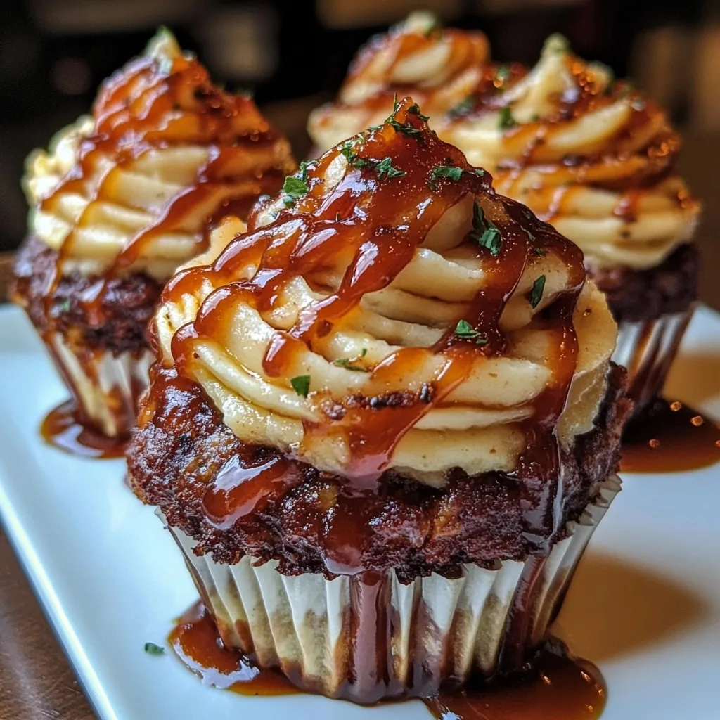 Smoky bourbon BBQ bacon-wrapped meatloaf cupcakes topped with piped mashed potato frosting and BBQ sauce drizzle