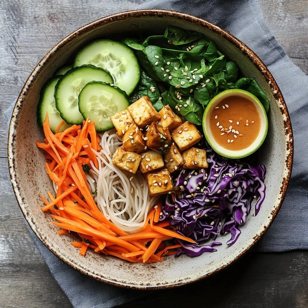 Neatly arranged Buddha noodle bowl featuring white rice noodles, crispy tofu cubes, fresh spinach, julienned carrots, purple cabbage, cucumber slices, and a small dish of peanut sauce.