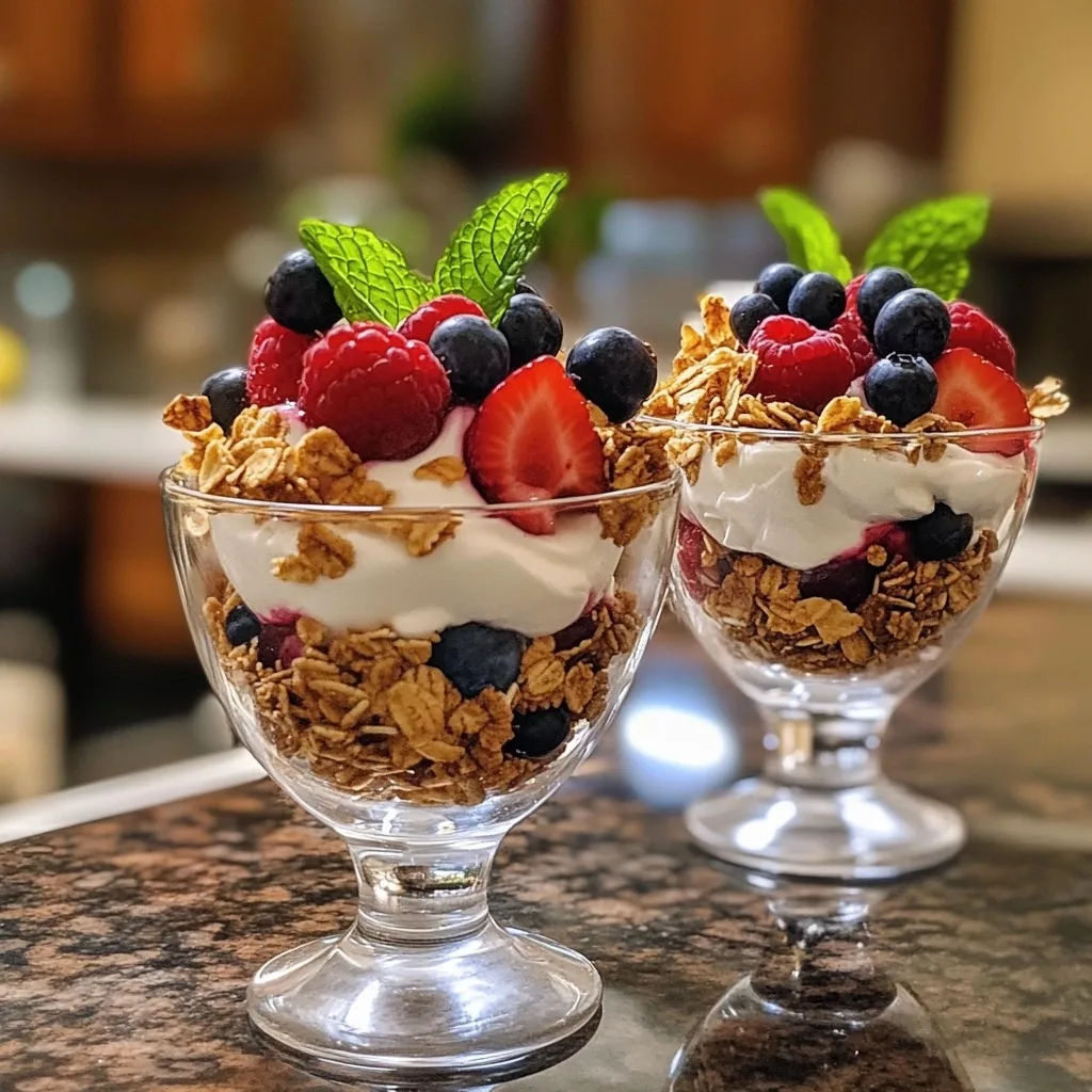 Close-up of two Summer Berry Parfaits in clear glasses showing perfect layers of granola, yogurt, and fresh berries topped with mint leaves.
