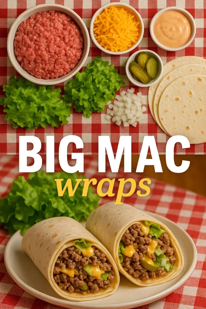 Big Mac Wraps ingredients arranged on a red checkered tablecloth including ground beef, cheese, lettuce, pickles, special sauce, and flour tortillas.