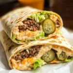 Close-up of Big Mac Wraps with visible pickle slices, ground beef, lettuce, and special sauce in a toasted flour tortilla.