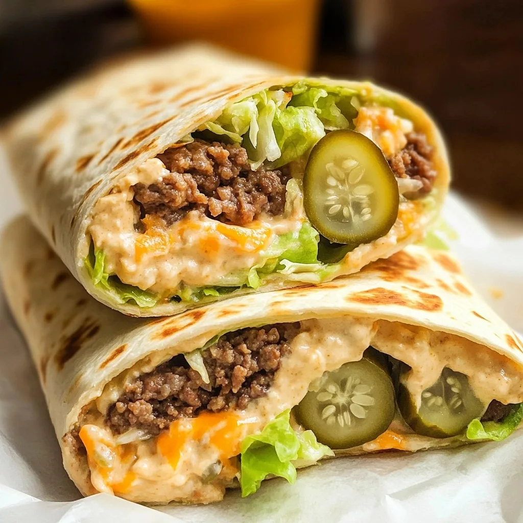 Close-up of Big Mac Wraps with visible pickle slices, ground beef, lettuce, and special sauce in a toasted flour tortilla.
