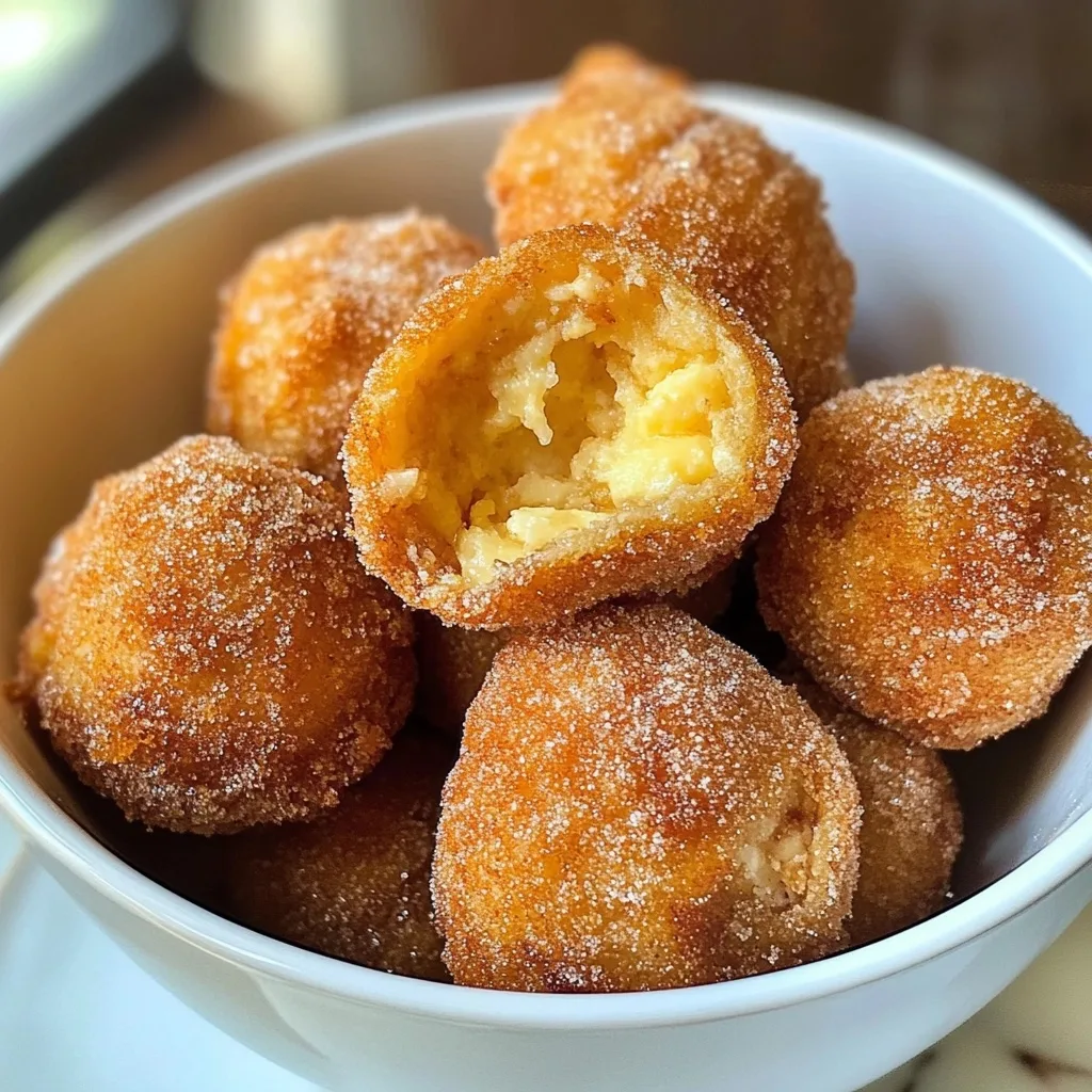 Bowl of bite-sized churros poppers with one cut in half, displaying the tender, slightly hollow interior contrasting with the sugary crust.